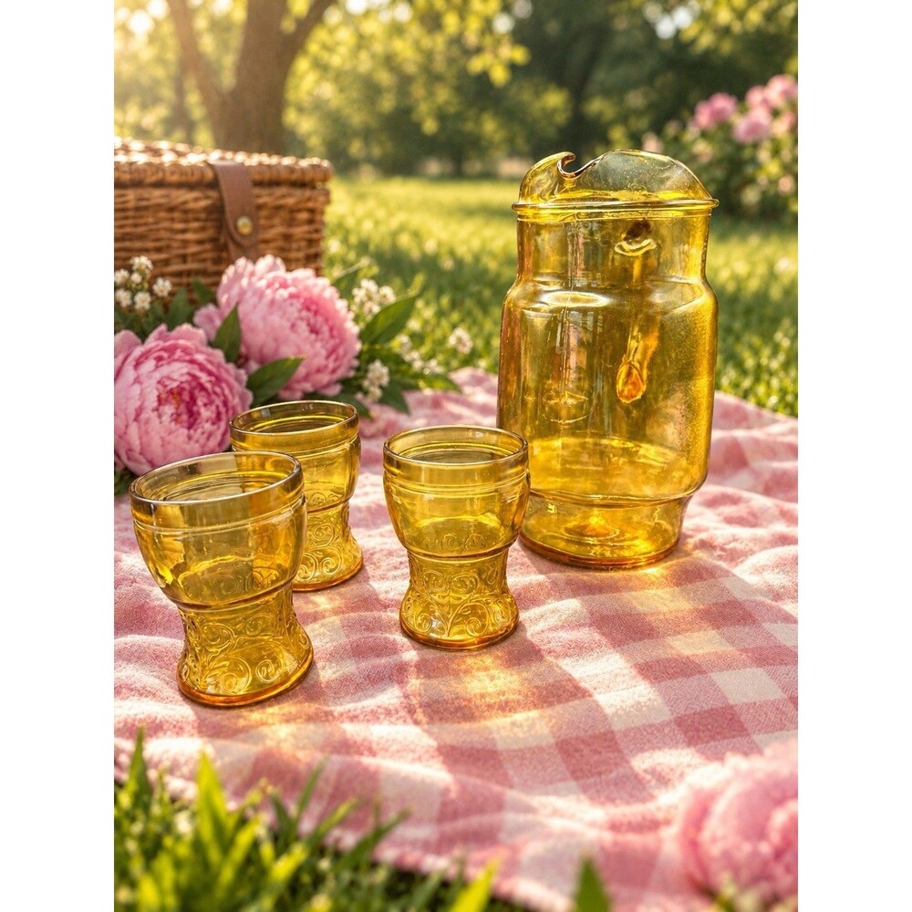 Vintage Amber Glass Pitcher and 3 Footed Glasses, Scroll Pattern Drinkware Set
